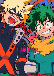 Rule 34 | 2boys, anime coloring, aqua bodysuit, arm at side, bakugou katsuki, belt, blonde hair, boku no hero academia, cape, english text, explosive, eye mask, film grain, foreground text, freckles, graffiti, green eyes, green hair, green pupils, grenade, grin, hair between eyes, happy, head tilt, height difference, high collar, highres, looking at viewer, male focus, mask, mask around neck, midoriya izuku, mouth mask, multiple boys, nikaidou iroha, open mouth, red belt, red eyes, short hair, side-by-side, single horizontal stripe, smile, spiked hair, spoilers, torn cape, torn clothes, tsurime, twitter username, uneven eyes, upper body, x, yellow cape