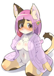 Rule 34 | 1girl, animal ear fluff, animal ears, animal nose, blush, breasts, brown eyes, cat ears, cat tail, creatures (company), fur, furry, furry female, game freak, hair ornament, hairclip, highres, jacket, kneeling, lacey (pokemon), medium breasts, multicolored fur, naked jacket, navel, nintendo, open clothes, open jacket, orange fur, pink jacket, pokemon, pokemon sv, spots, tail, white fur, zokucyoo
