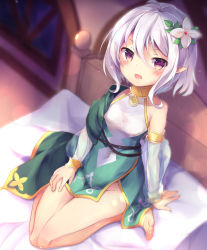 Rule 34 | 1girl, :d, antenna hair, bare shoulders, barefoot, bed, blurry, blurry background, blush, breasts, commentary request, covered navel, depth of field, detached sleeves, dress, feet, flower, green dress, green sleeves, hair between eyes, hair flower, hair ornament, hinata yuu (atelierhinata), indoors, kokkoro (princess connect!), long sleeves, looking at viewer, on bed, open mouth, pointy ears, princess connect!, puffy long sleeves, puffy sleeves, red eyes, see-through, see-through sleeves, silver hair, sitting, sleeveless, sleeveless dress, small breasts, smile, solo, wariza, white flower, window