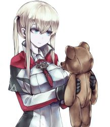Rule 34 | 1girl, black gloves, blonde hair, blue eyes, capelet, commentary request, cross, gloves, graf zeppelin (kancolle), hair between eyes, jacket, kantai collection, kurou (bcrow), long hair, military, military uniform, necktie, sidelocks, simple background, solo, standing, stuffed animal, stuffed toy, teddy bear, tsurime, twintails, uniform, white background