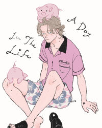 Rule 34 | 1boy, absurdres, alternate costume, animal, animal on head, animal on leg, artist name, black footwear, blonde hair, chaki (chackiin), character request, check character, closed mouth, collared shirt, floral print, highres, johan liebert, knees up, male focus, monster (manga), on head, pig, pink shirt, sandals, shirt, short hair, short sleeves, shorts, sitting, solo
