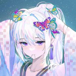 Rule 34 | 1girl, ahoge, bug, butterfly, checkered clothes, checkered kimono, earrings, fymrie, hair between eyes, hair intakes, hair tie, ine (vtuber), insect, japanese clothes, jewelry, kimono, long hair, long sleeves, looking at viewer, necklace, ponytail, purple eyes, solo, upper body, virtual youtuber, waktaverse, white hair, white kimono, wide sleeves