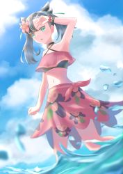 Rule 34 | 1girl, absurdres, asymmetrical bangs, bikini, black hair, choker, cloud, cloudy sky, creatures (company), flower, flower bracelet, game freak, green eyes, green ribbon, hair flower, hair ornament, hair ribbon, hibiscus, highres, looking at viewer, marnie (pokemon), marnie (summer 2021) (pokemon), navel, nintendo, official alternate costume, open mouth, pokemon, pokemon masters ex, red bikini, red hair, ribbon, sarong, sky, solo, swimsuit, twintails, two side up, uji (966qrr), wading, water, water drop, wristband