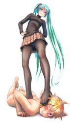 Rule 34 | 1boy, 1girl, ass, bad id, bad pixiv id, black pantyhose, blonde hair, blue eyes, blush, clothed female nude male, crotch seam, feet, femdom, fingernails, foot on head, full body, green hair, hatsune miku, hetero, highres, kagamine len, long hair, lying, nail polish, naughty face, no shoes, nude, open mouth, panties, panties under pantyhose, pantyhose, ribbed sweater, simple background, stomping, striped clothes, striped panties, sweater, thighband pantyhose, toenail polish, toenails, toes, trample, turtleneck, twintails, underwear, very long hair, vocaloid, white background, wokada