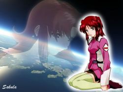 Rule 34 | 00s, earth (planet), flay allster, green thighhighs, gundam, gundam seed, planet, ponytail, pout, red hair, solo, thighhighs, uniform, wallpaper