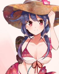 Rule 34 | 10s, 1girl, adapted costume, alternate costume, bikini, breasts, cleavage, flower, hair flaps, hair flower, hair ornament, hat, itomugi-kun, kantai collection, low twintails, machinery, purple hair, red eyes, ryuuhou (kancolle), sarong, smokestack, solo, sun hat, swimsuit, taigei (kancolle), twintails