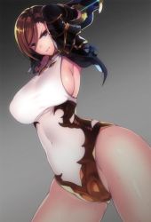 Rule 34 | 10s, 1girl, angry, arms up, bdsm, black knight (granblue fantasy), bondage, bound, bound wrists, breasts, brown hair, female focus, gradient background, granblue fantasy, hase neet, jacket, jpeg artifacts, large breasts, leotard, restrained, sideboob, solo, stocks