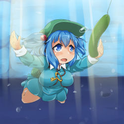 Rule 34 | 1girl, album cover, album cover redraw, backpack, bag, blue eyes, blue hair, breasts, bubble, cover, cucumber, derivative work, diving, fishing line, fishing lure, hair bobbles, hair ornament, hakuu kanaka, hat, kawashiro nitori, key, large breasts, long sleeves, matching hair/eyes, nevermind, nirvana (band), open mouth, parody, shiro usagi kanaka, shirt, skirt, solo, touhou, twintails, two side up, underwater, wet, wet clothes