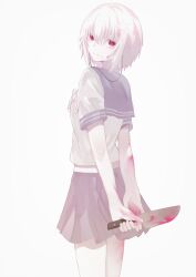 Rule 34 | 1girl, a certain high school uniform, accelerator (toaru majutsu no index), albino, ambiguous gender, androgynous, atummb, bare legs, blood, blood on hands, bloody weapon, blue sailor collar, blue skirt, bow, breasts, cowboy shot, electrodes, flower, from behind, hair flower, hair ornament, highres, holding, holding knife, holding weapon, knife, looking at viewer, looking back, midriff, miniskirt, pale skin, pastel colors, red eyes, sailor collar, school uniform, shirt, short hair, short sleeves, skirt, small breasts, solo, suzushina yuriko, toaru majutsu no index, weapon, white background, white bow, white hair, white shirt