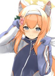 1girl absurdres animal_ear_fluff animal_ears blue_archive blue_eyes blue_jacket blush cat_ears cat_girl disuto flower hair_between_eyes hair_flower hair_ornament highres jacket long_hair looking_at_viewer mari_(blue_archive) mari_(track)_(blue_archive) orange_hair pink_flower ponytail sidelocks sleeves_past_fingers sleeves_past_wrists smile