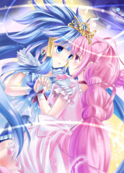 Rule 34 | 10s, 2girls, aoki reika, blue eyes, blue hair, blush, choker, crown, cure beauty, cure happy, dress, earrings, eye contact, feathers, female focus, holding hands, hoshizora miyuki, imminent kiss, interlocked fingers, jewelry, long hair, looking at another, magical girl, multiple girls, pink eyes, pink hair, precure, smile precure!, very long hair, yuri