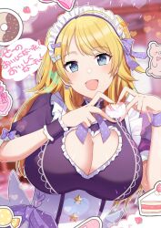 Rule 34 | 1girl, abi (abimel10), ahoge, alternate hairstyle, bandaid, blonde hair, blue eyes, blue ribbon, blue wristband, blurry, blurry background, blush, bow, bowtie, breasts, cake, candy, cleavage, cleavage cutout, clothing cutout, corset, dot nose, doughnut, dress, dress bow, food, fruit, hachimiya meguru, hair bow, hair ribbon, hands up, heart, heart cutout, heart hands, highres, idolmaster, idolmaster shiny colors, indoors, large breasts, long hair, looking at viewer, maid cafe, maid headdress, open mouth, polka dot, polka dot bowtie, polka dot ribbon, purple bow, purple bowtie, purple dress, purple ribbon, purple wristband, ribbon, short sleeves, smile, solo, speech bubble, strawberry, stuffed animal, stuffed toy, table, teddy bear, underbust, upper body, white corset, white headdress, window