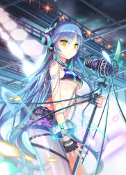 Rule 34 | 1girl, asymmetrical legwear, barcode, barcode tattoo, belt, black gloves, blue hair, breasts, brown eyes, chain, character request, eversu, fingerless gloves, gloves, headphones, headset, highres, holding, holding microphone, long hair, medium breasts, microphone, midriff, nail polish, navel, outdoors, purple nails, purple shorts, shorts, stage, stage lights, standing, tattoo, thigh strap, underboob, uneven legwear, very long hair