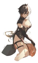 Rule 34 | 1girl, black dress, black gloves, black hair, breasts, brown hair, china dress, chinese clothes, cleavage, closed mouth, cropped legs, dragon print, dress, elbow gloves, genderswap, genderswap (mtf), genshin impact, gloves, hair between eyes, highres, large breasts, long hair, multicolored hair, mup534, ponytail, simple background, solo, thigh strap, very long hair, white background, zhongli (genshin impact)