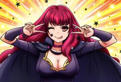 Rule 34 | 1girl, breasts, cape, choker, cleavage, collarbone, double v, emotional engine - full drive, fire emblem, fire emblem engage, hair ornament, hair over shoulder, highres, large breasts, long hair, looking at viewer, nintendo, one eye closed, red hair, star (symbol), star hair ornament, sticker on face, tongue, tongue out, v, will (willanator93), yunaka (fire emblem)