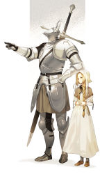 Rule 34 | 1boy, 1girl, armor, blonde hair, braid, commentary, dress, fantasy, full body, greatsword, hand on own hip, height difference, helmet, highres, km yama, long hair, original, plate armor, pointing, standing, sword, white background