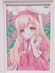Rule 34 | 1girl, animal ears, blonde hair, bow, chitosezaka suzu, closed mouth, dress, feet out of frame, flower, hairband, hand up, highres, long hair, looking at viewer, original, parted bangs, photo (medium), pink flower, puffy short sleeves, puffy sleeves, rabbit ears, red bow, red dress, red eyes, red hairband, short sleeves, signature, smile, solo, squatting, traditional media, very long hair