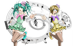 Rule 34 | 2girls, aqua eyes, aqua hair, bare shoulders, blonde hair, blue eyes, colorful x melody (vocaloid), detached sleeves, dress, flower, hair flower, hair ornament, hatsune miku, kagamine rin, kyo9999, leg lift, microphone, multiple girls, musical note, open mouth, pointing, project diva, project diva (series), project diva 2nd, simple background, staff (music), strapless, strapless dress, striped clothes, striped dress, thighhighs, twintails, vocaloid