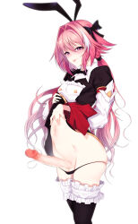 Rule 34 | 1boy, absurdres, aka syakkou, animal ears, astolfo (fate), astolfo (saber) (fate), black panties, black thighhighs, censored, detached sleeves, erection, fate/grand order, fate (series), frilled thighhighs, frills, hair intakes, hair ribbon, highres, large penis, long hair, male focus, mosaic censoring, multicolored hair, navel, panties, penis, pink hair, rabbit ears, ribbon, simple background, solo, streaked hair, testicles, thighhighs, tongue, tongue out, trap, underwear, very long hair, white background