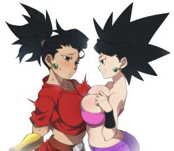 Rule 34 | 2girls, ass, bandeau, bare shoulders, black eyes, black hair, blush, breast press, breasts, caulifla, cleavage, collarbone, dimples of venus, dragon ball, dragon ball super, earrings, eye contact, jewelry, kale (dragon ball), large breasts, looking at another, multiple girls, pink bandeau, potara earrings, shirt, short ponytail, simple background, sleeveless, sleeveless shirt, smile, spiked hair, strapless, symmetrical docking, white background, yuri