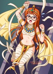 Rule 34 | 1girl, armlet, bandages, black-framed eyewear, blunt bangs, bracelet, breasts, brown eyes, burbur, commentary, cosplay, diadem, dialogue box, egyptian clothes, english commentary, flying sweatdrops, glasses, highres, jewelry, long hair, looking at viewer, mummy, navel, open mouth, orange hair, paid reward available, pelvic curtain, persona, persona 5, restrained, sakura futaba, shadow futaba, shadow futaba (cosplay), small breasts, solo, stomach, usekh collar