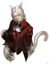 Rule 34 | 1boy, animal ears, arm behind back, ascot, bad id, bad pixiv id, blue eyes, cat ears, cat tail, facial mark, feathers, final fantasy, final fantasy xiv, frischenq, gloves, hat, hat feather, looking to the side, male focus, miqo&#039;te, parted bangs, red hat, red mage (final fantasy), short hair, solo, tail, unworn hat, unworn headwear, upper body, white ascot, white background, white feathers, white hair, x&#039;rhun tia