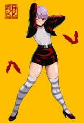 1girl collarbone cropped_jacket darkstalkers flat_chest full_body grey_thighhighs high_heels highres jacket kkzk61539201 lilith_(darkstalkers) one_eye_closed open_clothes open_jacket purple_hair red_eyes red_footwear red_jacket red_skirt shirt short_hair simple_background skindentation skirt solo striped_clothes striped_thighhighs thighhighs white_shirt yellow_background