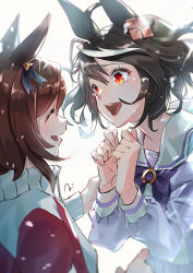 Rule 34 | ahoge, animal ears, black hair, blurry, brown hair, closed eyes, commentary request, crying, depth of field, ear ornament, hands up, highres, horse ears, horse girl, jacket, kitasan black (umamusume), long sleeves, looking at another, open mouth, own hands together, purple shirt, red eyes, sailor collar, school uniform, shirt, short hair, smile, tokai teio (umamusume), torokko, tracen school uniform, tracen training uniform, track jacket, umamusume, white sailor collar