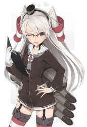 Rule 34 | 10s, 1girl, amatsukaze (kancolle), bespectacled, brown eyes, dress, garter straps, glasses, gloves, hair ornament, hair tubes, hand on own hip, hayashi kewi, heart, highres, kantai collection, long hair, long sleeves, looking at viewer, one eye closed, open mouth, panties, sailor dress, school uniform, see-through, serafuku, short dress, single glove, smoke, smokestack, solo, striped clothes, striped thighhighs, thighhighs, twintails, two side up, underwear, white background, white hair, zettai ryouiki