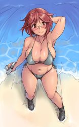 Rule 34 | 1girl, arm behind head, beach, bespectacled, bikini, blush, boots, breasts, brown eyes, brown hair, camera, cleavage, from above, glasses, large breasts, light smile, looking at viewer, navel, ocean, aged up, outdoors, rozen maiden, short hair, side-tie bikini bottom, solo, souseiseki, sweat, swimsuit, tsuda nanafushi, water, waves