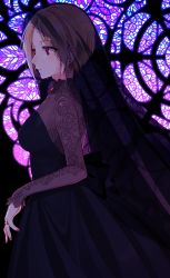 Rule 34 | 1girl, black dress, blonde hair, chisumi, closed mouth, dress, earrings, from side, highres, jewelry, lace, long sleeves, nail polish, original, purple theme, red eyes, red nails, ring, short hair, sidelocks, solo, stained glass, stud earrings, veil