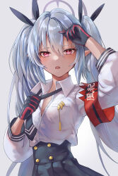 Rule 34 | 1girl, armband, black gloves, black necktie, black skirt, blue archive, breasts, collared shirt, dark-skinned female, dark skin, gloves, grey hair, grey halo, hair between eyes, hair ribbon, halo, highres, iori (blue archive), long hair, long sleeves, looking at viewer, necktie, noomaru (nomorepeople), open mouth, pleated skirt, pointy ears, red armband, red eyes, red ribbon, ribbon, shirt, shirt tucked in, skirt, small breasts, solo, twintails, white shirt