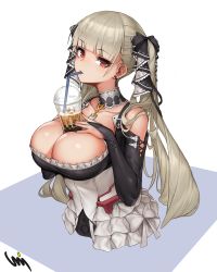 Rule 34 | 1girl, azur lane, between breasts, black dress, bow, breasts, bubble tea, bubble tea challenge, cleavage, collarbone, cropped torso, cup, detached collar, detached sleeves, disposable cup, dress, drinking straw, earrings, formidable (azur lane), frilled dress, frills, grey hair, hair bow, hand on own chest, hand up, highres, jewelry, large breasts, long hair, long sleeves, looking at viewer, nail polish, object on breast, red eyes, signature, solo, twintails, vana