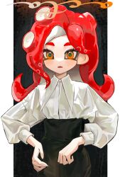 Rule 34 | 1girl, absurdres, black skirt, border, cephalopod eyes, collared shirt, commentary, fang, green pupils, highres, kumo (kumo hsc0216), light blush, long hair, long sleeves, looking at viewer, nintendo, octoling, octoling girl, octoling player character, open mouth, orange eyes, outside border, pillarboxed, puffy long sleeves, puffy sleeves, red hair, shirt, shirt tucked in, skirt, solo, splatoon (series), suction cups, sweat, symbol-only commentary, tentacle hair, upper body, white border, white shirt