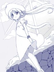 Rule 34 | 1girl, bad drawr id, bad id, bare legs, character request, cloud, copyright request, dress, dutch angle, floating hair, hat, long hair, looking at viewer, monochrome, oekaki, rock, segawa haruna, shoes, sky, smile, solo, standing, twintails, wristband