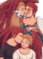 Rule 34 | 2boys, abbbby 28, bara, black shirt, blonde hair, blue bodysuit, blush, bodysuit, boku no hero academia, closed eyes, couple, endeavor (boku no hero academia), facial hair, feathered wings, hawks (boku no hero academia), highres, jacket, kiss, kissing forehead, large pectorals, licking, licking another&#039;s face, looking at another, male focus, mature male, multiple boys, muscular, muscular male, orange bodysuit, pectorals, red hair, shirt, short hair, simple background, smile, tongue, tongue out, two-tone bodysuit, white background, white shirt, wings, yaoi, yellow jacket