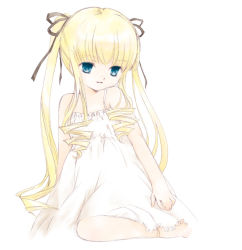 Rule 34 | 00s, 1girl, blonde hair, blue eyes, doll joints, drill hair, hair ribbon, joints, lingerie, long hair, looking at viewer, nyoi, ribbon, rozen maiden, shinku, simple background, solo, twintails, underwear, white background