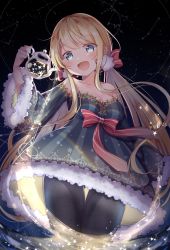 Rule 34 | 1girl, blonde hair, bow, breasts, cleavage, dress, emu alice, gomano rio, hair bow, highres, liver city, long hair, low twintails, night, night sky, pantyhose, sky, smile, solo, star (sky), teapot, thighs, twintails