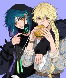 Rule 34 | 2boys, aether (genshin impact), arm around shoulder, blonde hair, blue hair, braid, burger, earrings, fashion, food, genshin impact, green hair, highres, holding, holding food, jewelry, long sleeves, looking at viewer, mask, mouth mask, multicolored hair, multiple boys, open mouth, orange eyes, pale skin, shohje, stud earrings, taking off, xiao (genshin impact), yaoi, yellow eyes