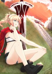Rule 34 | 1girl, artoria pendragon (all), artoria pendragon (fate), bandeau, braid, clarent (fate), cutoff jeans, cutoffs, fate/apocrypha, fate (series), french braid, hand on own knee, highres, jacket, jacket on shoulders, mordred (fate), mordred (fate/apocrypha), mordred (memories at trifas) (fate), ponytail, saber (fate), solo, stairs, thighhighs