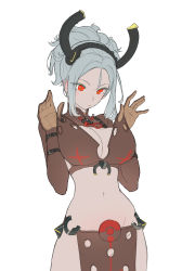 Rule 34 | 1girl, bad id, bad pixiv id, breasts, commentary, cowboy shot, ears visible through hair, grey hair, hands up, highres, looking at viewer, navel, original, pelvic curtain, red eyes, short hair, simple background, solo, stomach, timbougami, white background