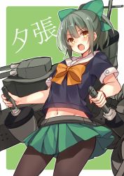 &gt;:o 10s 1girl :o black_pantyhose blush bow brown_eyes character_name commentary_request cowboy_shot female_focus green_bow green_hair green_skirt groin hair_bow kantai_collection looking_at_viewer machinery navel open_mouth pantyhose pleated_skirt ponytail school_uniform serafuku ship_turret shiromikan short_sleeves skirt solo stomach v-shaped_eyebrows yellow_bow yuubari_(kancolle)