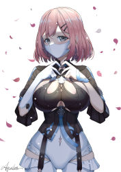 Rule 34 | 1girl, absurdres, aquilar, artist name, black leotard, bob cut, breasts, cleavage, gloves, grey eyes, heart, heart hands, highres, honkai (series), honkai impact 3rd, large breasts, leotard, looking at viewer, mask, medium hair, mouth mask, petals, pink hair, signature, simple background, single glove, solo, timido cute, white background, white gloves, white legwear
