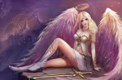 Rule 34 | 1girl, angel, angel wings, arm support, bare shoulders, blonde hair, boots, breasts, bustier, elbow gloves, gloves, halo, high heel boots, high heels, jewelry, kayle (league of legends), knee up, league of legends, light particles, long hair, looking at viewer, lots of jewelry, midriff, miniskirt, necklace, grey eyes, sitting, skirt, solo, sword, turewindwalker, weapon, wings