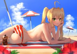 Rule 34 | 1girl, absurdres, ahoge, ass, beach, bikini, bikini bottom only, blonde hair, blue sky, blurry, bottle, breasts, closed mouth, cloud, commentary request, day, depth of field, fate/grand order, fate (series), flower, green eyes, hair intakes, head rest, highres, katsu (katsupainter), large breasts, long hair, looking at viewer, lotion, lying, nero claudius (fate), nero claudius (fate) (all), nero claudius (swimsuit caster) (fate), outdoors, parasol, sand, sky, smile, solo, striped bikini, striped bikini bottom, striped clothes, sunscreen, swimsuit, topless, twintails, umbrella