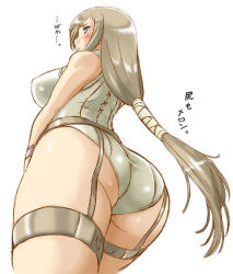 Rule 34 | 00s, 1girl, ass, blue eyes, breasts, brown hair, cowboy shot, curvy, dr.p, duplicate, embarrassed, from below, garter straps, large breasts, long hair, looking back, official alternate costume, one-piece swimsuit, rental beuty, simple background, solo, swimsuit, tales of (series), tales of the abyss, tear grants, thick thighs, thighs, very long hair, white background, white one-piece swimsuit