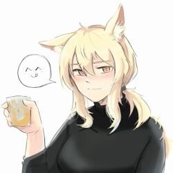 Rule 34 | 1girl, absurdres, alcohol, animal ear fluff, animal ears, arknights, black sweater, blonde hair, blush, breasts, cup, hair between eyes, highres, holding, holding cup, horse ears, horse girl, long hair, long sleeves, looking at viewer, low ponytail, medium breasts, nearl (arknights), orange eyes, seung-aeja, simple background, smile, solo, spoken expression, sweater, turtleneck, turtleneck sweater, upper body, white background