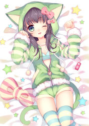 Rule 34 | 1girl, animal ears, animal hood, arms up, bikini, blue bikini, blue eyes, blush, breasts, brown hair, cat ears, cat tail, cleavage, digital media player, hat, hat with ears, hood, hooded jacket, ipod, jacket, lying, on back, one eye closed, open clothes, open jacket, original, shorts, skindentation, small breasts, solo, star (symbol), striped clothes, striped thighhighs, swimsuit, tail, thighhighs, unzipped, wasabi (sekai), wink