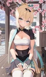 Rule 34 | 1girl, aqua eyes, bandages, blonde hair, breasts, cleavage, fingerless gloves, gloves, hololive, kazama iroha, looking at viewer, outdoors, ponytail, short hair, smile, solo, thomas 8000