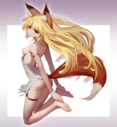Rule 34 | 1girl, absurdres, animal ears, arm garter, ass, bare shoulders, barefoot, blonde hair, blush, breasts, fang, feet, fox ears, fox tail, hands on feet, highres, legs, long hair, looking at viewer, nin (kotorikoto), nipples, original, red eyes, small breasts, smile, solo, tail
